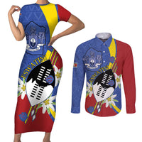 Eswatini Couples Matching Short Sleeve Bodycon Dress and Long Sleeve Button Shirt Nguni Shield Edelweiss Flower