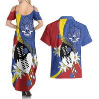 Eswatini Couples Matching Summer Maxi Dress and Hawaiian Shirt Nguni Shield Edelweiss Flower