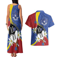 Eswatini Couples Matching Tank Maxi Dress and Hawaiian Shirt Nguni Shield Edelweiss Flower
