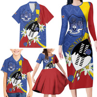 Eswatini Family Matching Long Sleeve Bodycon Dress and Hawaiian Shirt Nguni Shield Edelweiss Flower