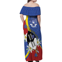 Eswatini Family Matching Off Shoulder Maxi Dress and Hawaiian Shirt Nguni Shield Edelweiss Flower