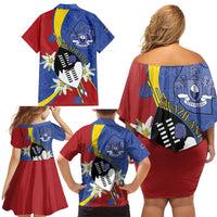 Eswatini Family Matching Off Shoulder Short Dress and Hawaiian Shirt Nguni Shield Edelweiss Flower