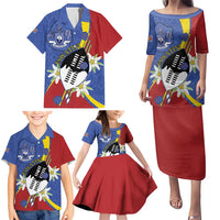 Eswatini Family Matching Puletasi and Hawaiian Shirt Nguni Shield Edelweiss Flower