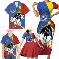Eswatini Family Matching Short Sleeve Bodycon Dress and Hawaiian Shirt Nguni Shield Edelweiss Flower