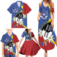 Eswatini Family Matching Summer Maxi Dress and Hawaiian Shirt Nguni Shield Edelweiss Flower