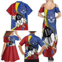 Eswatini Family Matching Summer Maxi Dress and Hawaiian Shirt Nguni Shield Edelweiss Flower