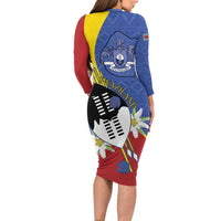 Eswatini Long Sleeve Bodycon Dress Nguni Shield Edelweiss Flower