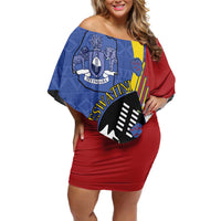 Eswatini Off Shoulder Short Dress Nguni Shield Edelweiss Flower