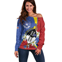 Eswatini Off Shoulder Sweater Nguni Shield Edelweiss Flower
