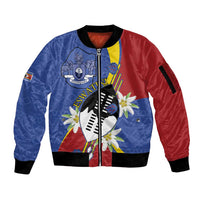 Eswatini Sleeve Zip Bomber Jacket Nguni Shield Edelweiss Flower