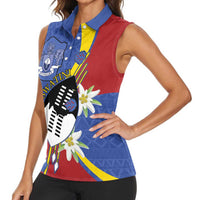 Eswatini Women Sleeveless Polo Shirt Nguni Shield Edelweiss Flower