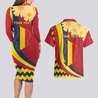 Personalised Chad Independence Day Couples Matching Long Sleeve Bodycon Dress and Hawaiian Shirt Coat Of Arms Gerbera Daisy