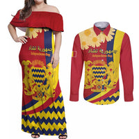 Personalised Chad Independence Day Couples Matching Off Shoulder Maxi Dress and Long Sleeve Button Shirt Coat Of Arms Gerbera Daisy