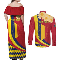 Personalised Chad Independence Day Couples Matching Off Shoulder Maxi Dress and Long Sleeve Button Shirt Coat Of Arms Gerbera Daisy