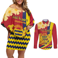 Personalised Chad Independence Day Couples Matching Off Shoulder Short Dress and Long Sleeve Button Shirt Coat Of Arms Gerbera Daisy