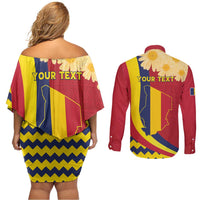 Personalised Chad Independence Day Couples Matching Off Shoulder Short Dress and Long Sleeve Button Shirt Coat Of Arms Gerbera Daisy