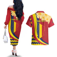 Personalised Chad Independence Day Couples Matching Off The Shoulder Long Sleeve Dress and Hawaiian Shirt Coat Of Arms Gerbera Daisy