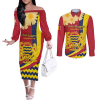 Personalised Chad Independence Day Couples Matching Off The Shoulder Long Sleeve Dress and Long Sleeve Button Shirt Coat Of Arms Gerbera Daisy