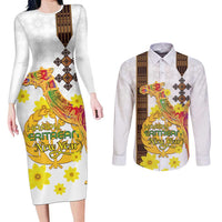 Happy Eritrea New Year Couples Matching Long Sleeve Bodycon Dress and Long Sleeve Button Shirt Adey Abeba Flower With Habesha Tilet Pattern - Wonder Print Shop