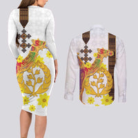 Happy Eritrea New Year Couples Matching Long Sleeve Bodycon Dress and Long Sleeve Button Shirt Adey Abeba Flower With Habesha Tilet Pattern - Wonder Print Shop