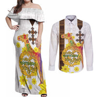 Happy Eritrea New Year Couples Matching Off Shoulder Maxi Dress and Long Sleeve Button Shirt Adey Abeba Flower With Habesha Tilet Pattern - Wonder Print Shop