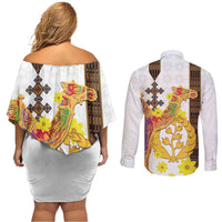 Happy Eritrea New Year Couples Matching Off Shoulder Short Dress and Long Sleeve Button Shirt Adey Abeba Flower With Habesha Tilet Pattern - Wonder Print Shop