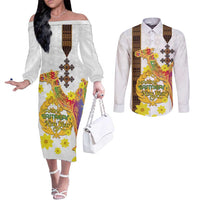 Happy Eritrea New Year Couples Matching Off The Shoulder Long Sleeve Dress and Long Sleeve Button Shirt Adey Abeba Flower With Habesha Tilet Pattern - Wonder Print Shop