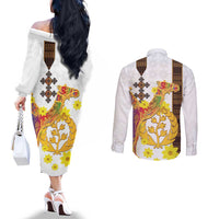 Happy Eritrea New Year Couples Matching Off The Shoulder Long Sleeve Dress and Long Sleeve Button Shirt Adey Abeba Flower With Habesha Tilet Pattern - Wonder Print Shop