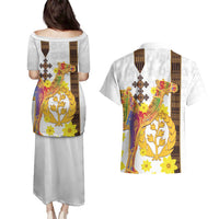 Happy Eritrea New Year Couples Matching Puletasi and Hawaiian Shirt Adey Abeba Flower With Habesha Tilet Pattern - Wonder Print Shop
