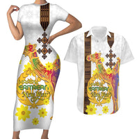 Happy Eritrea New Year Couples Matching Short Sleeve Bodycon Dress and Hawaiian Shirt Adey Abeba Flower With Habesha Tilet Pattern - Wonder Print Shop