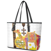 Happy Eritrea New Year Leather Tote Bag Adey Abeba Flower With Habesha Tilet Pattern - Wonder Print Shop