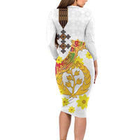 Happy Eritrea New Year Long Sleeve Bodycon Dress Adey Abeba Flower With Habesha Tilet Pattern - Wonder Print Shop