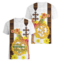 Happy Eritrea New Year Women V-Neck T-Shirt Adey Abeba Flower With Habesha Tilet Pattern - Wonder Print Shop