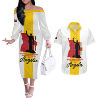 Personalized Angola National Heroes Day Couples Matching Off The Shoulder Long Sleeve Dress and Hawaiian Shirt Agostinho Neto With Map - Wonder Print Shop