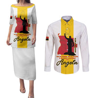 Personalized Angola National Heroes Day Couples Matching Puletasi and Long Sleeve Button Shirt Agostinho Neto With Map - Wonder Print Shop