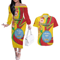 Personalized Mali Independence Day Couples Matching Off The Shoulder Long Sleeve Dress and Hawaiian Shirt Coat Of Arms With Hibiscus Sabdariffa - Wonder Print Shop