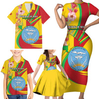 Personalized Mali Independence Day Family Matching Short Sleeve Bodycon Dress and Hawaiian Shirt Coat Of Arms With Hibiscus Sabdariffa - Wonder Print Shop