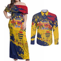 Personalized Chad Republic Day Couples Matching Off Shoulder Maxi Dress and Long Sleeve Button Shirt Coat Of Arms - Grunge Style - Wonder Print Shop