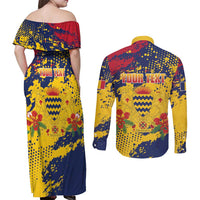 Personalized Chad Republic Day Couples Matching Off Shoulder Maxi Dress and Long Sleeve Button Shirt Coat Of Arms - Grunge Style - Wonder Print Shop