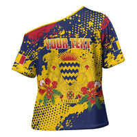 Personalized Chad Republic Day Cross Shoulder Shirt Coat Of Arms - Grunge Style - Wonder Print Shop