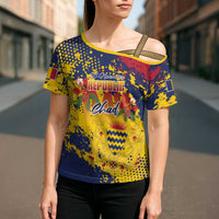 Personalized Chad Republic Day Cross Shoulder Shirt Coat Of Arms - Grunge Style - Wonder Print Shop