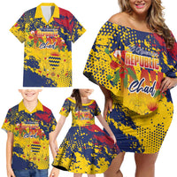 Personalized Chad Republic Day Family Matching Off Shoulder Short Dress and Hawaiian Shirt Coat Of Arms - Grunge Style - Wonder Print Shop