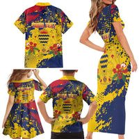 Personalized Chad Republic Day Family Matching Short Sleeve Bodycon Dress and Hawaiian Shirt Coat Of Arms - Grunge Style - Wonder Print Shop