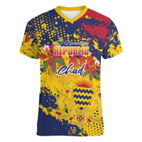 Personalized Chad Republic Day Women V-Neck T-Shirt Coat Of Arms - Grunge Style - Wonder Print Shop