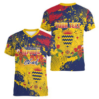 Personalized Chad Republic Day Women V-Neck T-Shirt Coat Of Arms - Grunge Style - Wonder Print Shop