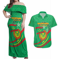 Personalized Mauritania Independence Day Couples Matching Off Shoulder Maxi Dress and Hawaiian Shirt Coat Of Arms With Map - Wonder Print Shop