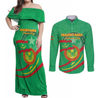 Personalized Mauritania Independence Day Couples Matching Off Shoulder Maxi Dress and Long Sleeve Button Shirt Coat Of Arms With Map - Wonder Print Shop