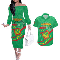 Personalized Mauritania Independence Day Couples Matching Off The Shoulder Long Sleeve Dress and Hawaiian Shirt Coat Of Arms With Map - Wonder Print Shop