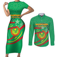 Personalized Mauritania Independence Day Couples Matching Short Sleeve Bodycon Dress and Long Sleeve Button Shirt Coat Of Arms With Map - Wonder Print Shop