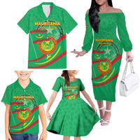Personalized Mauritania Independence Day Family Matching Off The Shoulder Long Sleeve Dress and Hawaiian Shirt Coat Of Arms With Map - Wonder Print Shop
